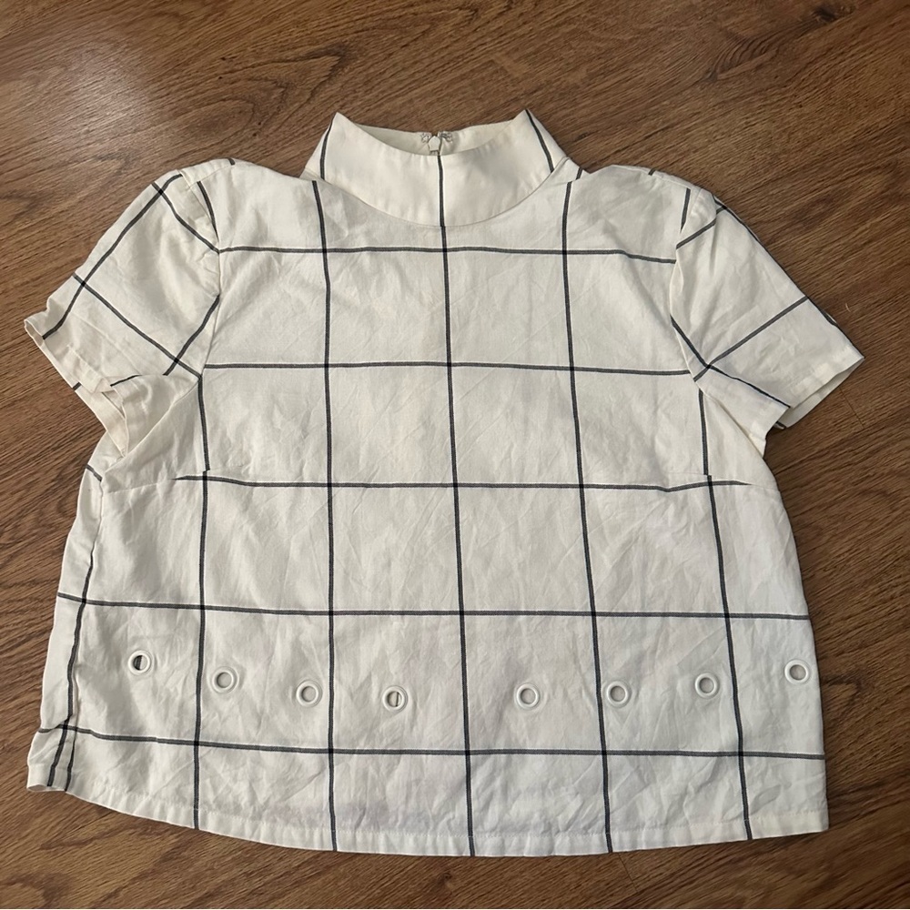 STAUD Cream Black Grid top blouse short sleeve size 8 mock neckline cotton